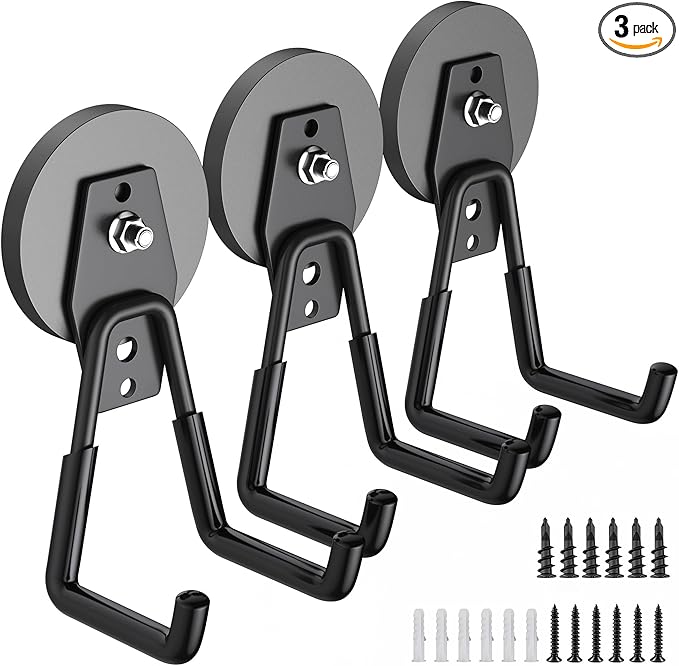 3Pcs Heavy Duty Storage Magnetic Utility Hooks Large Garage Strong Extra Magnet Hooks Hanger with Anti-Slip Coating Heavy Duty Magnetic Hooks for Hanging Power Dril Garage Garden Tools Black