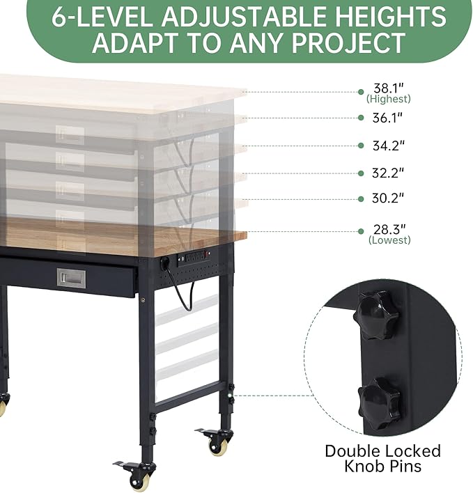 48'' Adjustable Workbench, Heavy Duty Workbench with Drawer and Backplate, 2000 LBS Capacity Work Table with Power Outlet and Lockable Wheels, Suitable for Office, Garage, Workshop