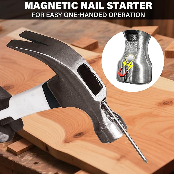 HAUTMEC 16 oz Claw Hammer, Drop Forged Claw Hammers with Magnetic Nail Holder and Firberglass Handle, Curved Jaw of Nail Puller, Smooth Face, HTMAM25003