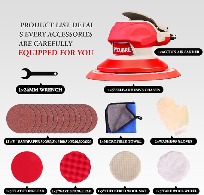 5/6 Inch Pneumatic Orbital Air Sander High-Speed DA Sander for auto body/Ideal for Woodworking, Auto Polishing, and Metal Sanding (6 inch) (6 inch)