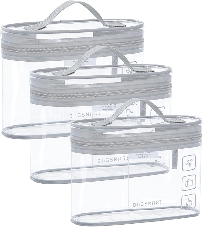 BAGSMART TSA Approved Toiletry Bag, 3 Pack Clear Makeup Cosmetic Bag Organizer, Quart Size Travel Bag for Toiletries, Carry-on Travel Accessories Essentials, Gray-3pcs