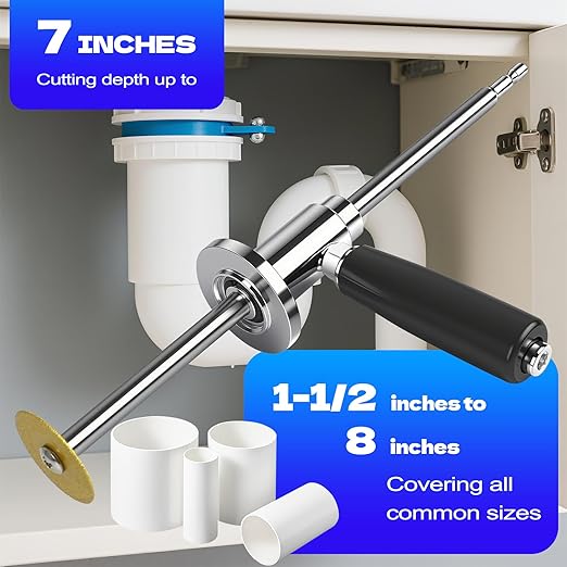 Pipe Inside Cutter for PVC Pipe with Diamond Grit Cutting Wheel and Handle, 7 Inch Adjustable Cutting Depth Stainless Steel Plumbing Cutter Tool Fit with 1/4" Hex Shank,for 1-1/2 Inch to 8 Inch Cut