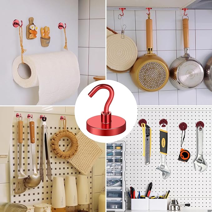 MIKEDE Strong Magnetic Hooks, 110Lbs Heavy Duty Magnetic Hooks for Cruise, Neodymium Earth Magnets with Hooks for Hanging, Super Metal Magnetic Hanger for Grill, Storage (Red,10 Pack)