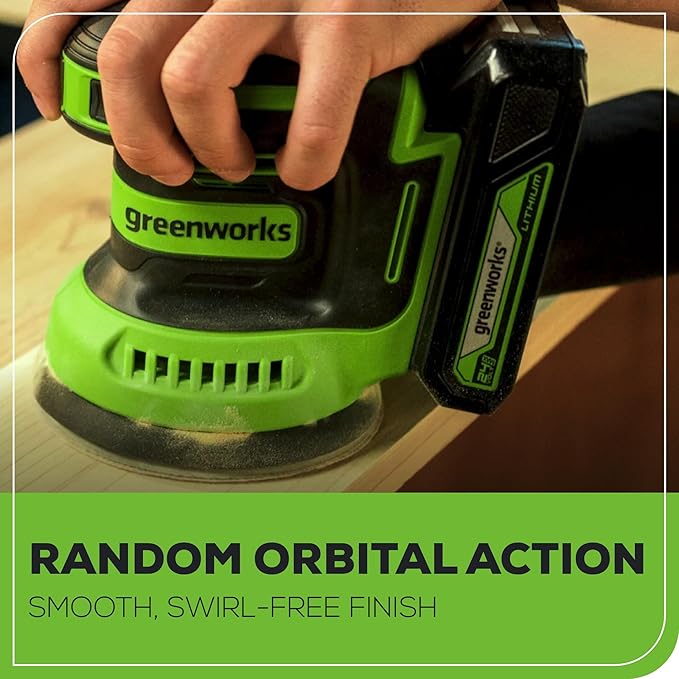Greenworks 24V Cordless Orbital Sander, 5" Random Sanders Variable Speed, 11000 OPM, 3 Sandpaper Sheets, with 2Ah Battery and Charger