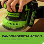 Greenworks 24V Cordless Orbital Sander, 5" Random Sanders Variable Speed, 11000 OPM, 3 Sandpaper Sheets, with 2Ah Battery and Charger