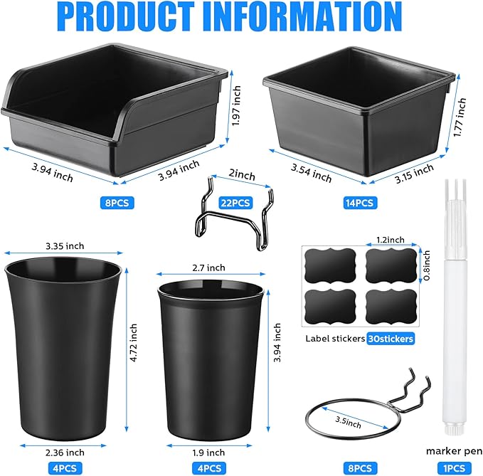 64 Pieces Pegboard Bins Pegboard Cups with Hooks and Loops Peg Hooks Assortment Organizer Accessory for Organizing Accessories Tools Storage Office Workshop Garage Workbench (Black)
