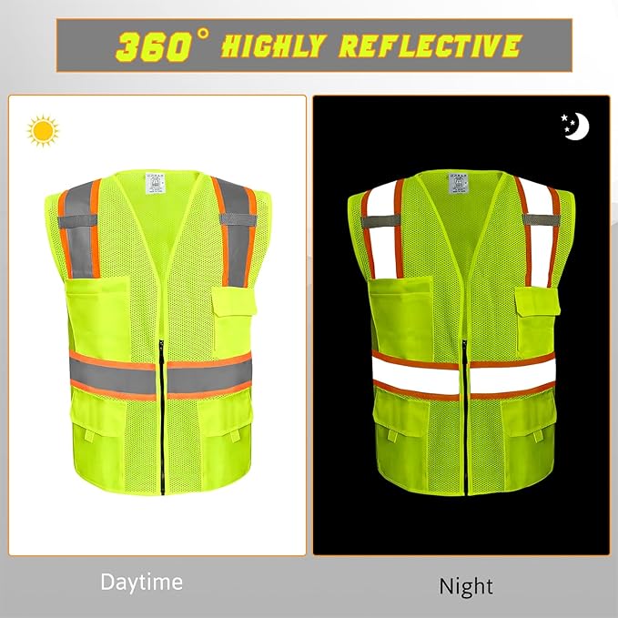 BeautyWill Custom Safety Vest Customized Logo Class 2 High Visibility Reflective Vest with Pockets Construction workwear