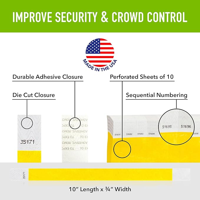 1,000 WristCo Pantone Yellow Tyvek Wristbands for Events - Comfortable Tear Resistant Paper Bracelets ID Wrist Bands for Concerts Festivals Admission Party Identification