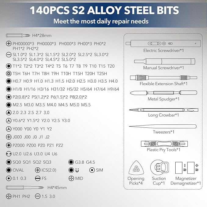 Mini Electric Screwdriver 155 in 1 Small Precision Screwdrivers Set Max 5 N.m Cordless Screwdriver with 3 Torque Settings 140 S2 Magnetic Bits, Repair Tool Set for Phone Computer Watch Drones