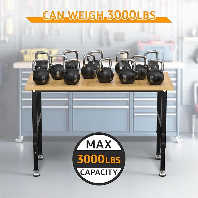 48" Adjustable Workbench,Heavy-Duty Work Table,3000 LBS Load Capacity Particleboard Hardwood Workstation with Fixed feet,for Workshop, Garage