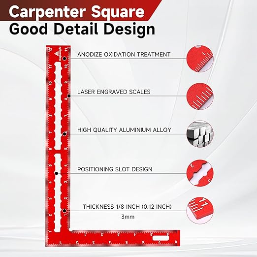 Carpenter Square 8 x 12 Inch and Tall Stair Gauges Set, for Framing Square Stop with Holder and Hook, Aluminum L Shape Angle Right Ruler, Red