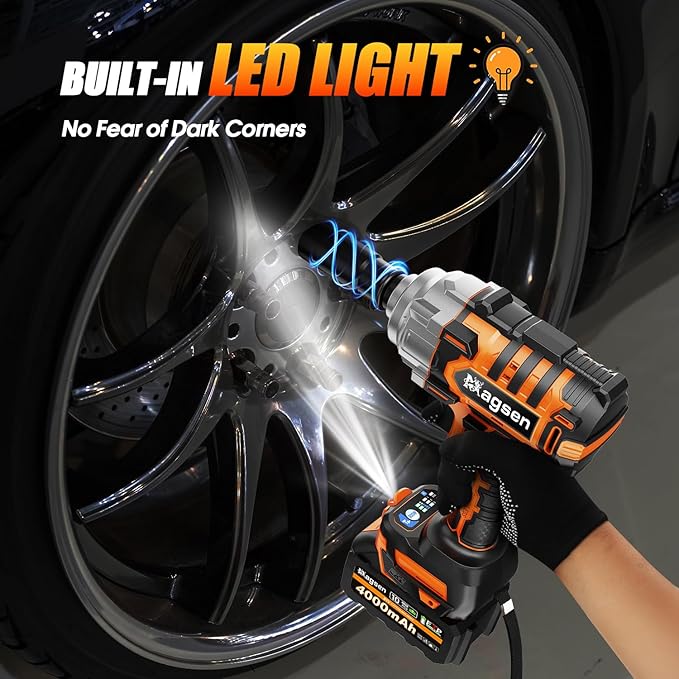 1/2 inch Cordless Impact Wrench, High Torque 900Ft-lbs (1200N.m) Brushless Impact Gun,3800RPM,2x4000mAh Battery, 6 Sockets,LED Light,Electric Impact Motor Variable Speeds for Car/Mower/Pickup