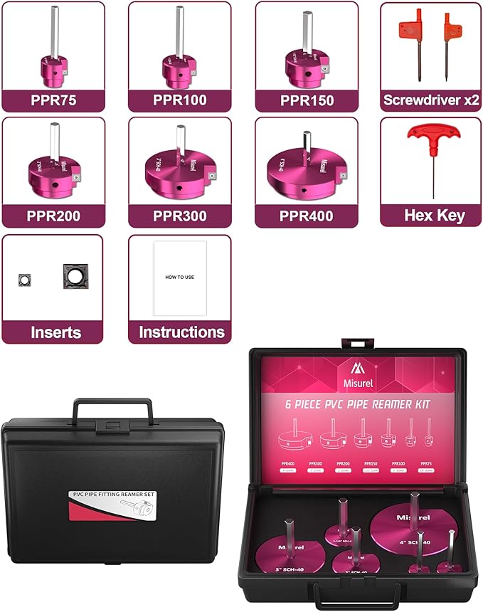 6 Pcs PVC Pipe Reamer Kit With 3/4 inch, 1 inch, 1-1/2inch, 2inch, 3inch, 4inch, 2 Carbide Inserts, PVC Fitting Saver, Plumbing tools, Aluminum Socket Saver for SCH40 Pipe Fitting