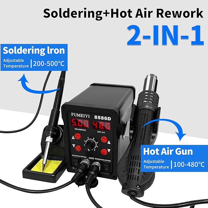8586D Hot Air Soldering Iron Station Kit 2-IN-1 for Rework, Desoldering with Lead-Free Solder Wire, 5 Soldering Tips, 3 Hot Air Nozzles, Tweezers, Desoldering Pump。