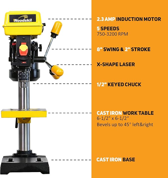 8 Inch Drill Press, 2.3 Amp 5-Speed Bench Drill Press, Bench Top Drilling Machine