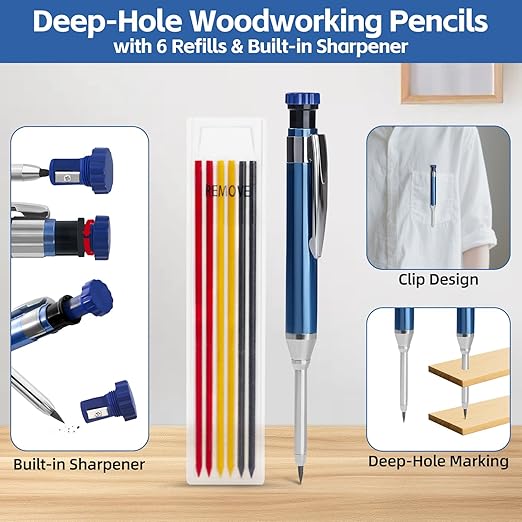 7inch Rafter Square with Carpenter Pencil, 1/8" Precision Heavy Duty Aluminum Woodworking Rule,Laser Etched Scale, Triangle-Ruler Measuring Layout Tool -Blue (Blue & Black)