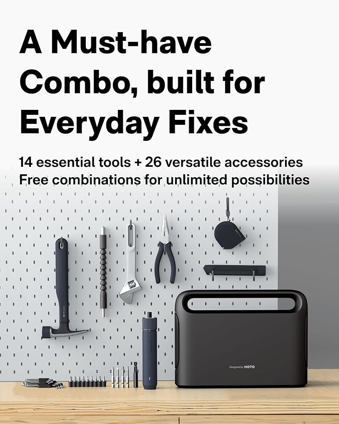 HOTO 40-Piece Tool Kit, Household Essentials tool set w/Smart Electric Screwdriver (LED, 3 Torque) + 14 Tools & 26 Accessories | Pro-Grade Compact Organizer for Home, Dorm Repairs, DIY