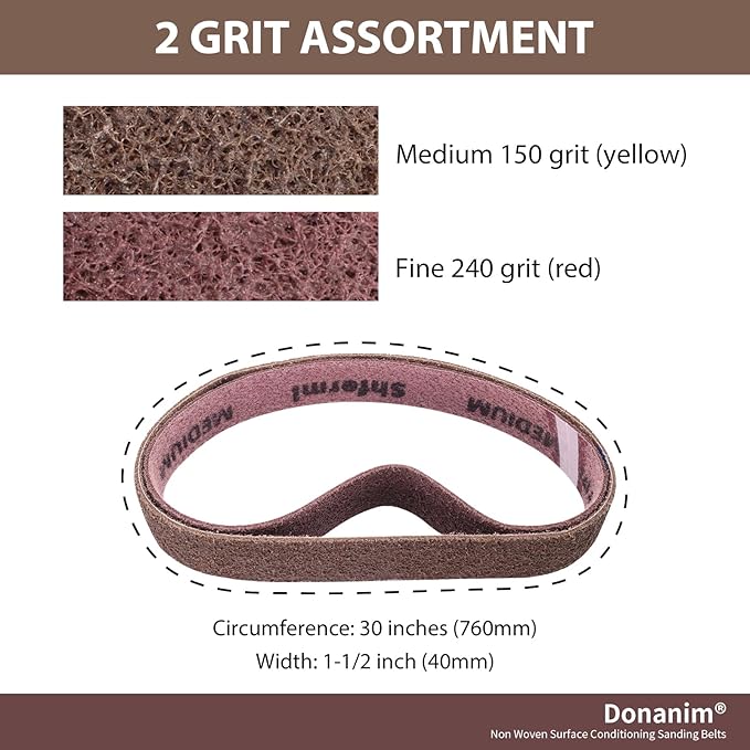 1-1/2 x 30" Non Woven Surface Conditioning Sanding Belts for Pipe Tube Polisher Sander, 1 Each of 150 240 Grit Nylon Brushed Sander Paper for Pipe Belt Sander, 1.5 x 30" Sand Belts for Metal, 2 Pack