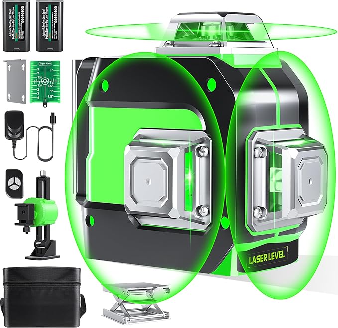 Laser Level, 3x360° Self Leveling Green Cross Line Laser for Construction and Picture Hanging with Rechargeable battery, Remote Controller, Magnetic Rotating Stand
