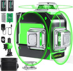 Laser Level, 3x360° Self Leveling Green Cross Line Laser for Construction and Picture Hanging with Rechargeable battery, Remote Controller, Magnetic Rotating Stand