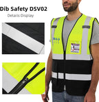 Dib Safety Reflective Vest High Visibility with Pockets and Zipper, Yellow and Black L