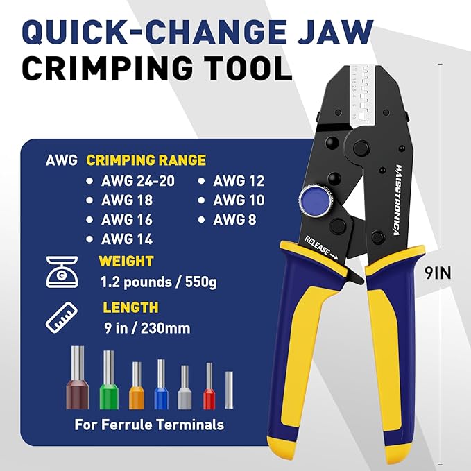 haisstronica Quick Change Jaws Crimping Tool for Ferrule Terminals AWG 24-8 Ratcheting Wire Crimper & Terminals - H2