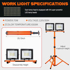 21000 Lumen Work Lights with Stand, 3 Adjustable Head LED Work Light, with Adjustable and Foldable Tripod Stand, Waterproof Lamp with Individual Switch with 6500 Kelvin Color (2-Head-Orange)