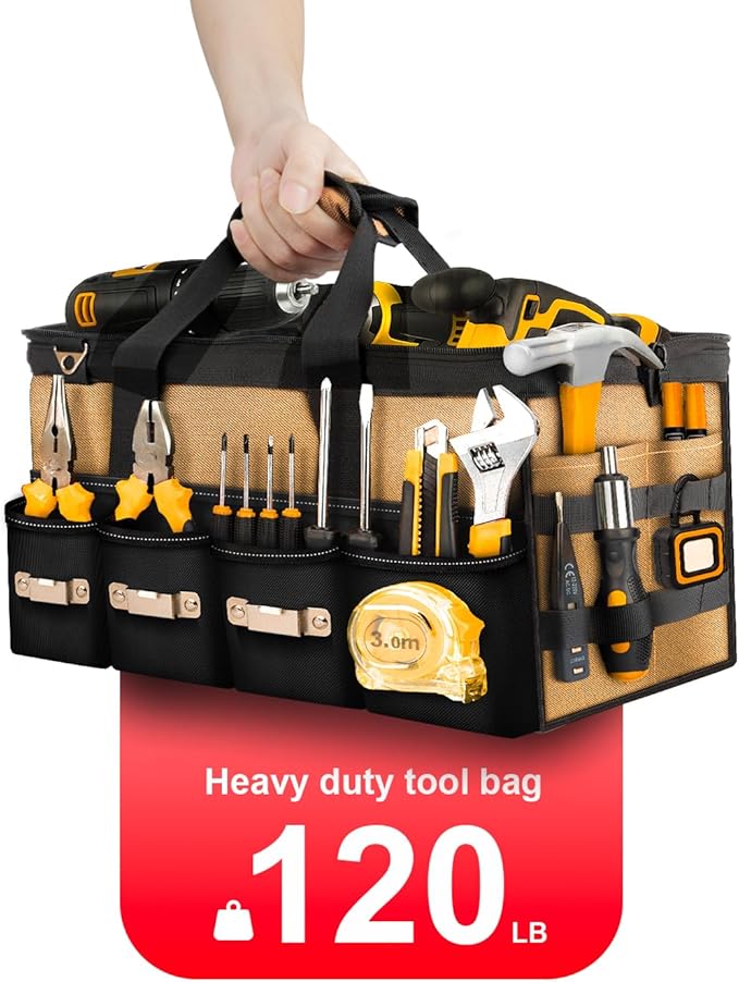 15 Inch Heavy Duty Tool Bag-48 Pockets,1680D Tear&Abrasion Resistant,Includes Tool Pouch,Tool Belt,Magnetic Wristband&Adjustable Shoulder Strap | Tool Organizer(Brown)