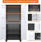 Aobabo Metal Storage Cabinet with Wheels and 1 Interior Drawer, Steel Rolling Tool Cabinet with 16 Hooks and 2 Adjustable Shelves for Garage, Home, Office, Kitchen, Black Gray, Assembly Required