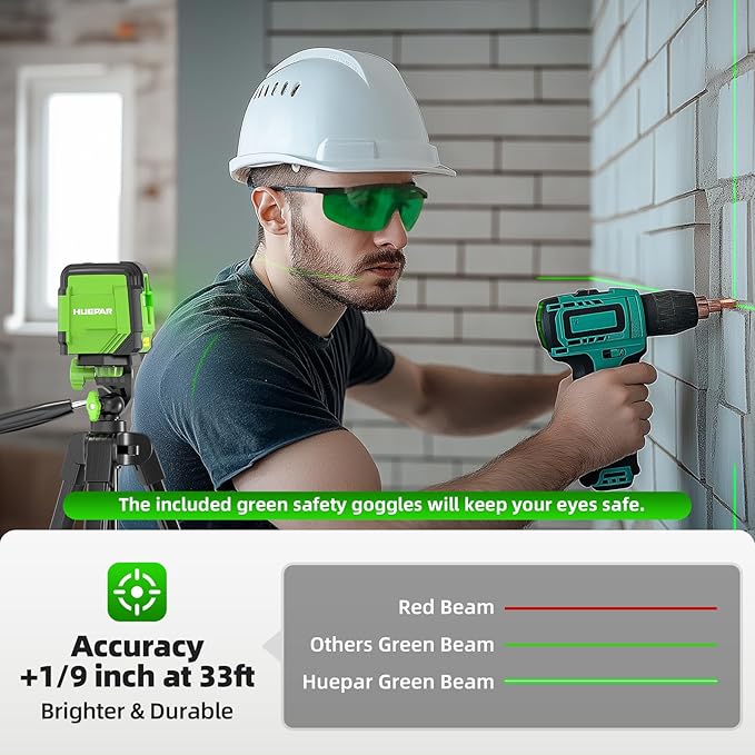 Laser Level with 47in Tripod Self Leveling, HUEPAR 98Ft Laser Level Green Line Laser Cross Line Laser Leveler Tool for Picture Hanging, Tile, Home Renovation, Indoor Project, Battery&Goggles Included