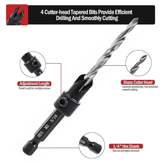Countersink Drill Bit Set, 5PCS Tapered Drill Bits, M2 Countersink Set with 1/4" Hex Shank Quick Change and 1 Allen Wrench for Woodworking, Pilot Screw Hole Set for Soft & Hard Wood