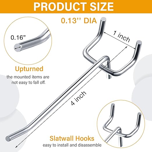 Shimeyao 100 Pcs Peg Board Shelving Hooks Stainless Steel Hanging Board Pegs Wall Display Hooks Bulk for 1/8 1/4 Garage Storage Organizer Accessories(4 Inch,Silver)