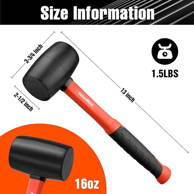 ValueMax 16oz Rubber Mallet Hammer, Fiberglass Handle, Double-Faced Soft Mallet, Soft Blow Tasks without Damage for Camping, Flooring, Tent Stakes, Woodworking