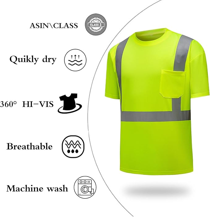 High Visibility Shirts Quick Dry Safety T Shirts with Reflective Strips and Pocket Short Sleeve Mesh Hi Vis Construction Work Class 2 Shirt for Men/Women Lime,XL