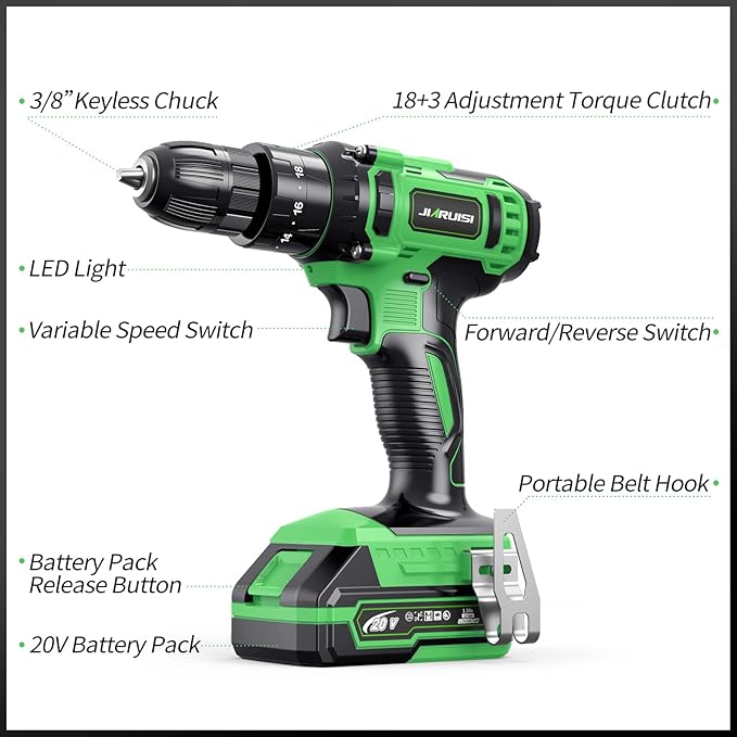 20V Cordless Drill, Electric Power Drill Set with Battery Charger, 3/8” Keyless Chuck, 2 Variable Speed, 18+3 Torque, 72pcs Driver Bits and Belt Hook, Green