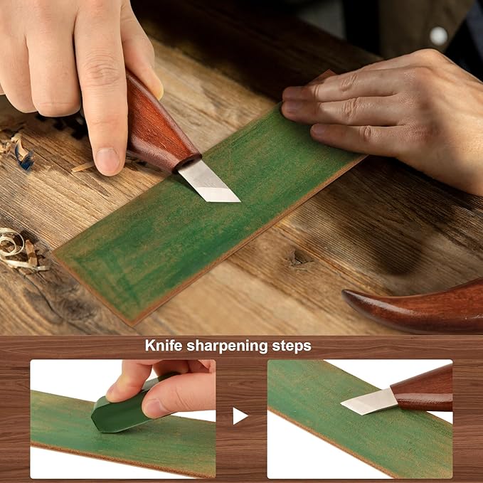 Wood Carving Knife With Leather Strop and Polishing Compound - Whittling Tools for Beginners, Adults and Kids (Oblique Carving Knife)