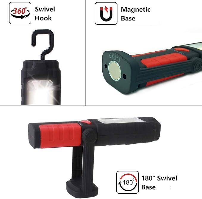 PROELEC Portable LED Work Light, Pivot COB Magnetic Flashlight with 180° Swivel Magnet Base & 360° Hanging Hook, 250LM Super Bright Mechanic Car Emergency Flash Light, Battery Operated - Pack of 1
