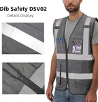 Dib Safety Reflective Vest High Visibility with Pockets and Zipper, Gray L