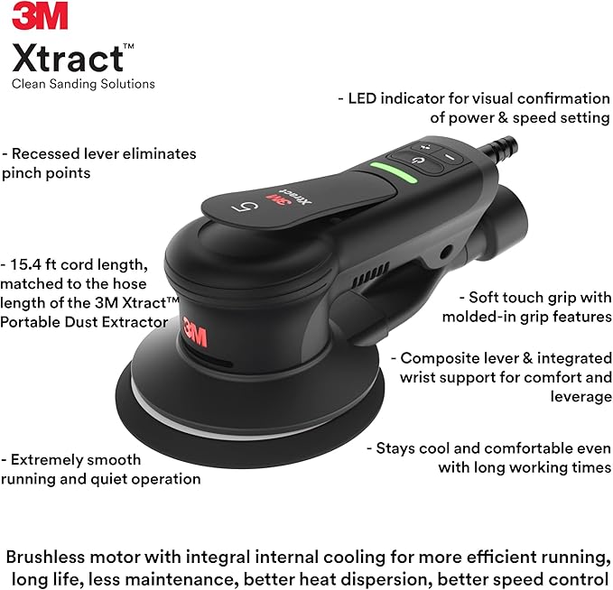 3M Xtract Electric Random Orbital Sander, Ergonomic and Lightweight ROS, 88758, 5 in, Central Vacuum, 3/16 in Orbit, 110V, 350W Motor, Metal Fabrication, Woodworking, Black