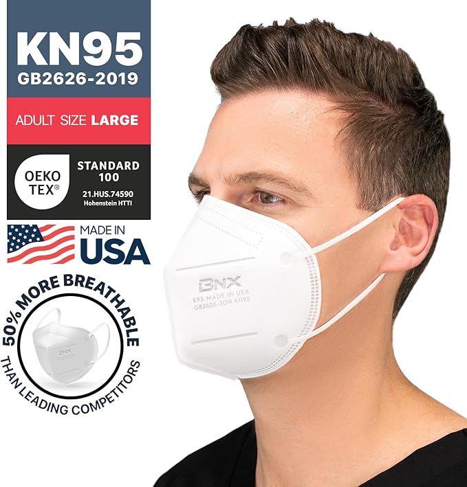 BNX KN95 Face Masks Made in USA (Adult Large, Adult Medium, Kids Small) (Earloop) (Model: E95/E95M/E95S)