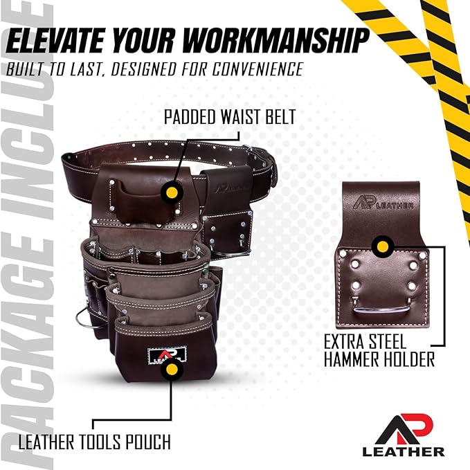 Pro-015 Leather Tool Pouch for Construction,Heavy Duty Hammer Holder,Buckle,3 Pocket Large with Belt, 12 Small Pocket, Tool Organizer