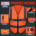 15 Pack Reflective Safety Vests with Pockets and Zipper High Visibility Vest Construction Work Vest for Men Women(Orange Red, Large)