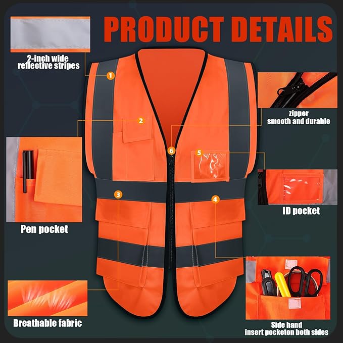 15 Pack Reflective Safety Vests with Pockets and Zipper High Visibility Vest Construction Work Vest for Men Women(Orange Red, Large)
