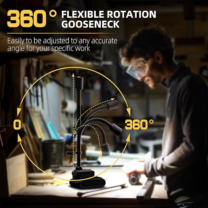 LED Work Light, 5000mAh Magnetic Gooseneck Light Rechargeable, 2000 Lumen 360°Flexible Mechanic Lamp with Hook, Job Site Lights for Men, Work Bench, Auto-Repairing, Emergency, Power Outage