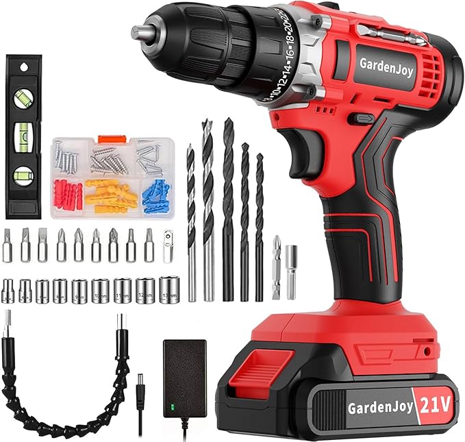 Cordless Power Drill Set: GardenJoy 21V Electric Drill Driver Kit with Battery and Fast Charger, 65pcs Acessories, 2 Variable Speed Control, 3/8-Inch Keyless Chuck and 24+1 Torque Setting