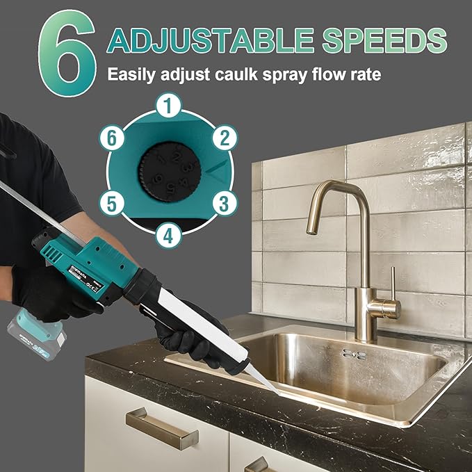 Caulking Gun 20V Anti-drip Caulk Gun with LED 10oz Silicone Caulking Tool for Filling Sealing 6 Adjustable Speed Electric Caulking Gun Kit with 5in1 Sealant Finishing/Removal Tool,Tool Only