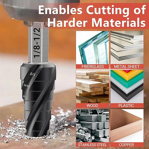 M35 Four Spiral Flute Cobalt Step Drill Bit 1/8"-1/2", Wear-Resistant TiAlN Coated 1/4" Hex Shank Unibit Step Bit for Metal, Stainless Steel, Aluminum, Wood, Plastic（13 Sizes）