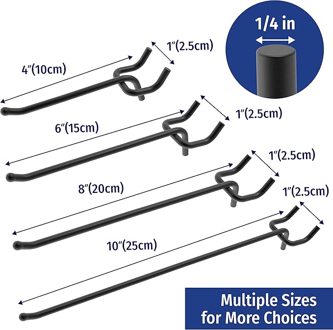 POETISKE Pegboard Hooks 0.2” Diameter 10 inch Black Metal Ball Ending Garden Tool Organizer Fits 1/4’’ Pegboard Garage Wall Hooks 50PCS