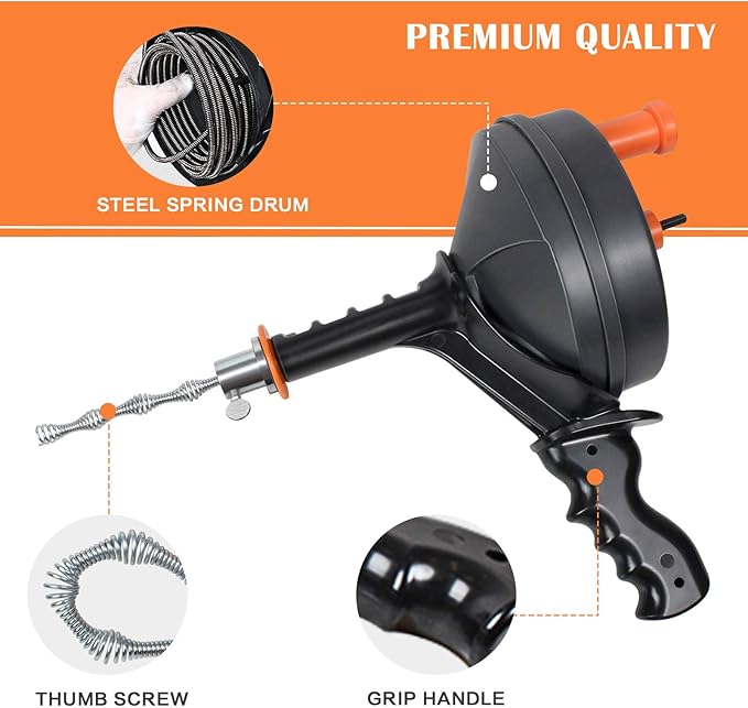BACOENG 25Ft Drain Auger, Heavy Duty Plumbing Snake with Drill Adapter, Use Manually or Powered for Drain Clog, Shower Sink, Comes with Gloves and Bag (Orange)