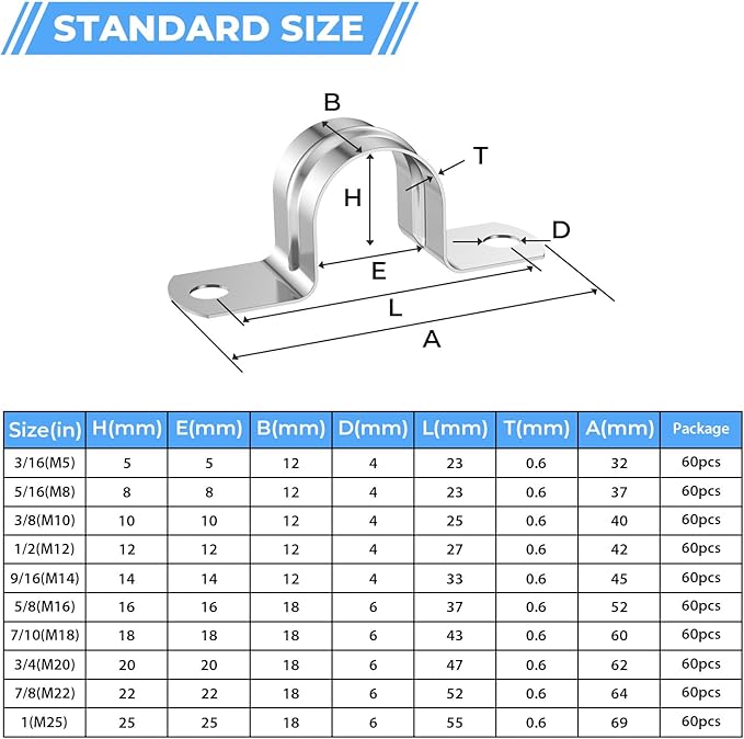 60Pcs 1 1/16 Inch (27mm) 304 Stainless Steel Conduit Clamps, U-Tube Strap Pipe Clamp Two Hole Strap U Bracket Rigid Pipe Strap Clamps Metal Conduit Strap Tension Clips U-tube Clamp Heavy Duty